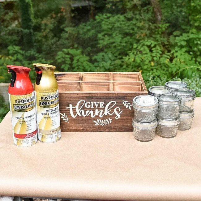 mason jar with wooden crate and spray paint