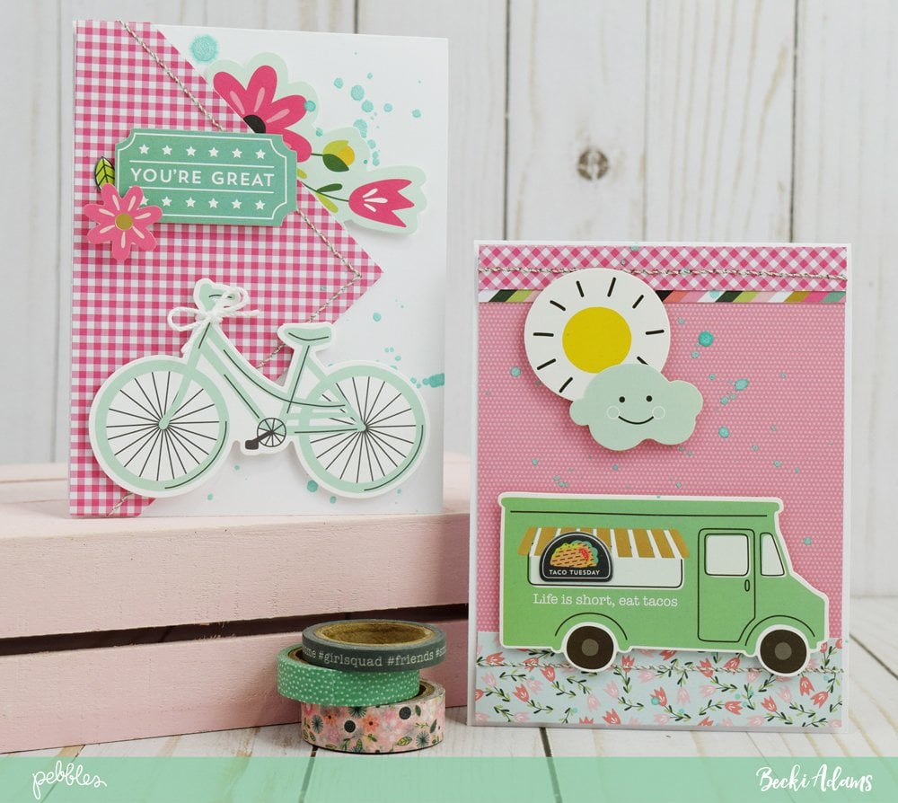 American Crafts Patterned Paper bright bicycle and food van cards