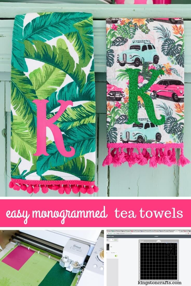Easy Customized Hostess Gifts - Monogrammed Tea Towels - The Kingston Home: Add a monogram to any plain tea towel by using the Cricut Explore! These monogrammed tea towels can be made in just a few minutes and makes the perfect hostess gift! via @craftykingstons