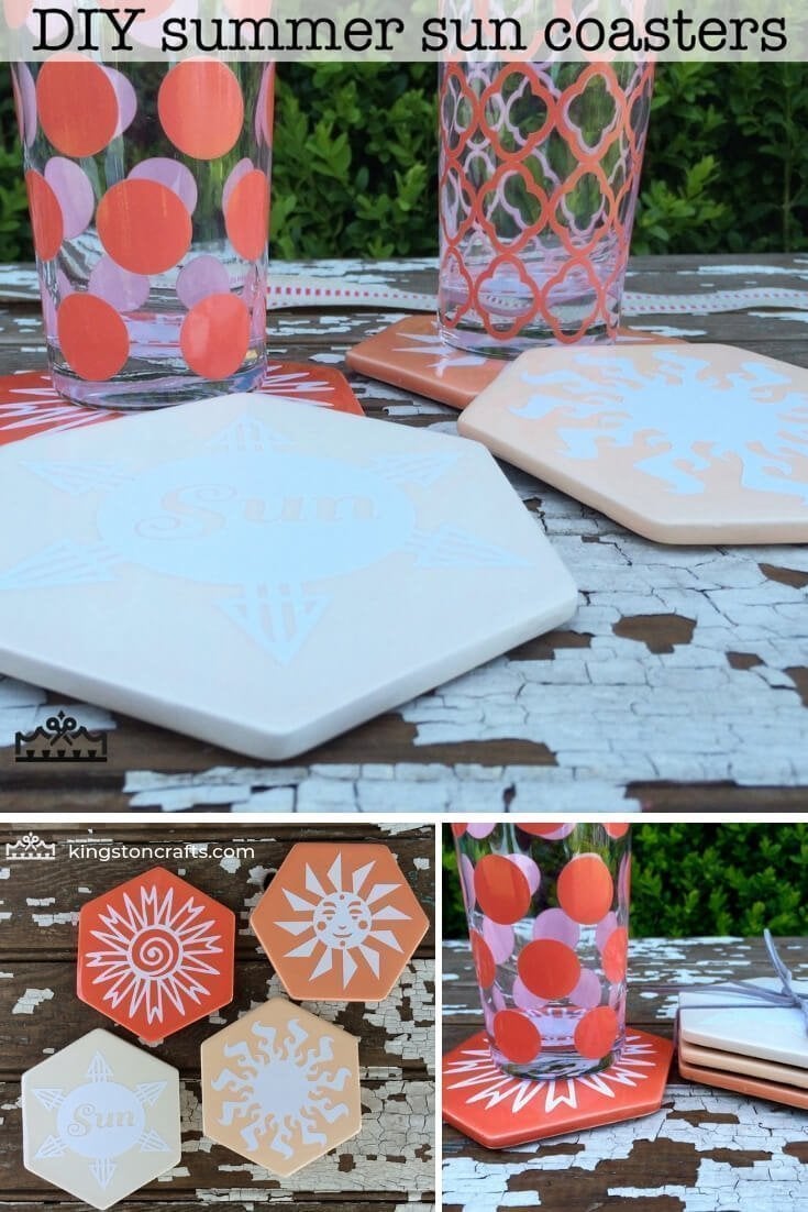 Cricut Explore One Summer Sun Coasters - The Kingston Home: Learn how to transform a set of store-bought coasters, into the perfect summertime coasters, by using your Cricut machine and some vinyl! via @craftykingstons