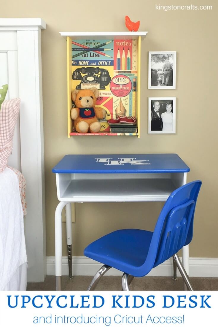 Upcycled Kids Desk…and introducing Cricut Access! - The Kingston Home: Using your Cricut machine and a little bit of spray paint, you can upcycle a kids desk into a fun piece of home decor for any room! via @craftykingstons