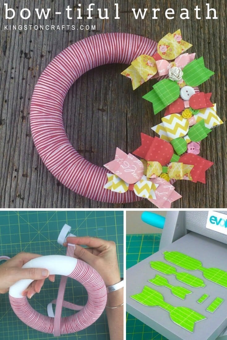 Xyron-My-Favorite-Things-A-Bow-tiful-Wreath-The-Kingston-Home: Learn how to use a set of bow die-cuts from My Favorite Things and Xyron adhesive to turn a plain foam wreath into a cute wreath for spring! via @craftykingstons
