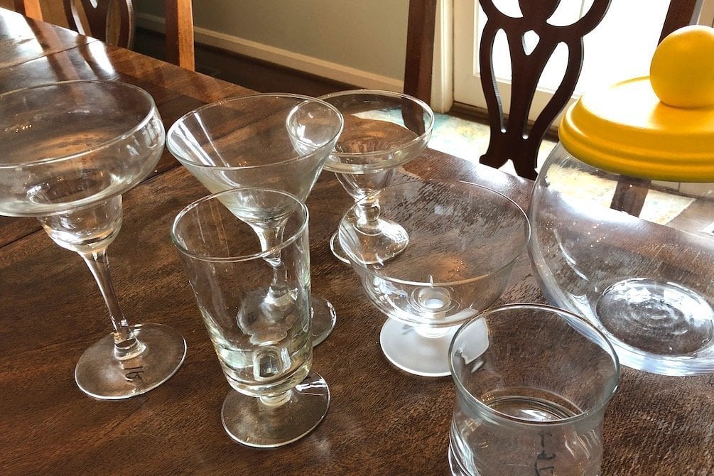 Assorted inexpensive glassware from Goodwill to use for dessert buffet - Kingston Crafts