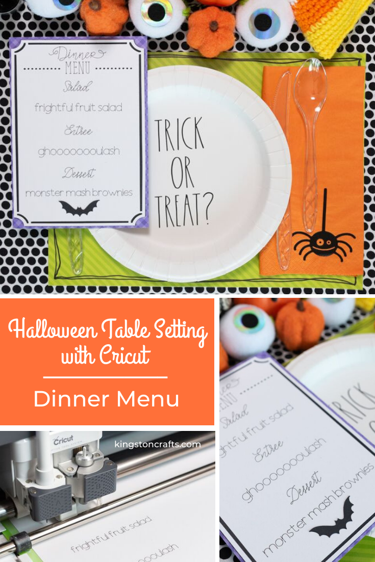 Halloween Table Setting with Cricut Dinner Menu - The Kingston Home: Get your table decorated just in time for Halloween! In this three-part series, we are showing you how to create spooky table decor with Cricut. Today, we are making a ghoulish dinner menu! via @craftykingstons