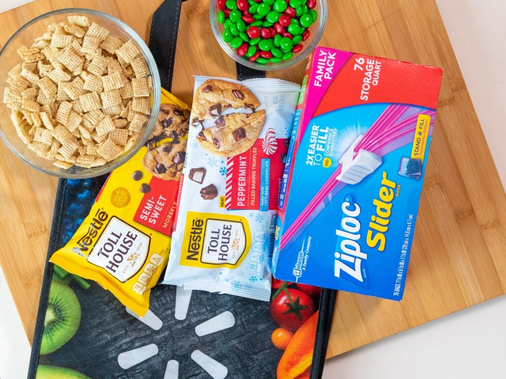 rice square cereal, Nestle® Toll House Peppermint chips, Ziploc® Slider storage bags, and walmart bag 