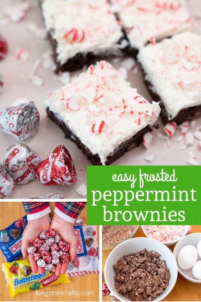 peppermint flavored brownies with white frosting and crushed candy canes