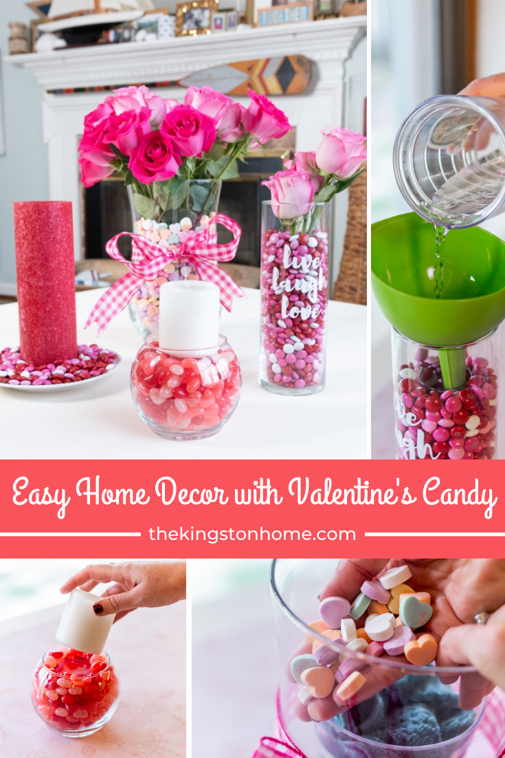 Valentines Centerpiece Ideas: Easy Home Decor with Candy - Are you looking for Valentines centerpiece ideas? Then learn how you can turn Valentine’s Candy and your kitchen glassware into fun home decor pieces for Valentine’s Day! via @craftykingstons