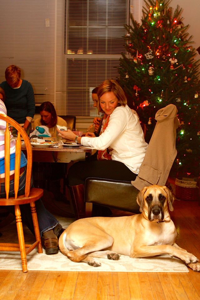 A person sitting at a table with a dog