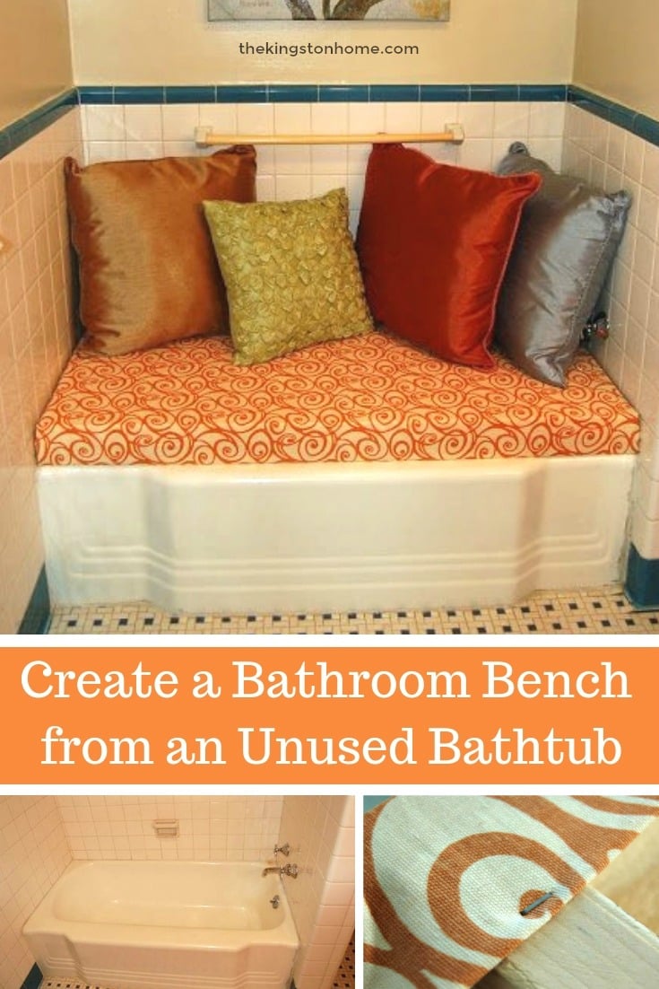 Create a Bathroom Bench from an Unused Bathtub - The Kingston Home: Do you have a bathtub that you are not using, but you can't remodel because the timing is not right? Well, why not turn that bathtub into a bathroom bench! Find out how in this easy tutorial! via @craftykingstons