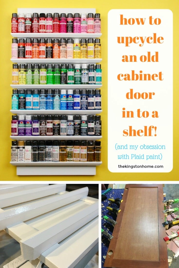 Upcycled Shelf From a Cabinet Door - The Kingston Home: Learn how to turn an old cabinet door into a functional shelf that is perfect for any craft room or office! via @craftykingstons