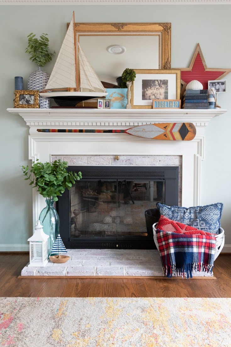 basket makeover by fireplace