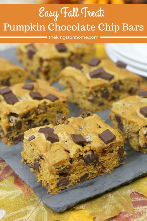 cookie bars made with pumpkin and chocolate chips