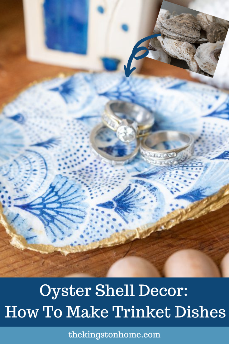 Oyster Shell Decor Hot To Make Trinket Dishes - The Kingston Home: Have you been wanting to make your own oyster shell decor? Then learn how easy it is to turn oyster shells into some cute home décor using decorative paper napkins and Mod Podge! via @craftykingstons
