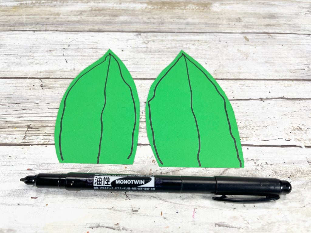 drawing leaf veins with marker onto green leaves